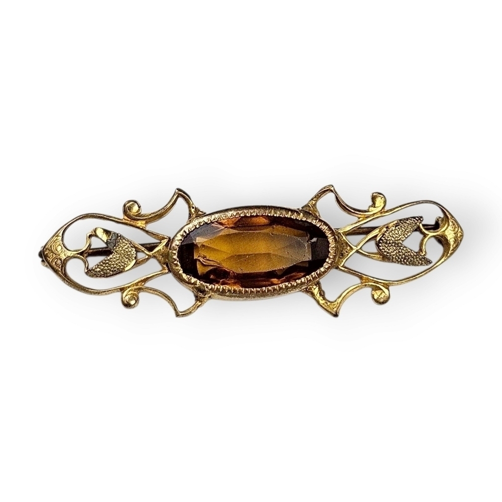 Antique Art Nouveau Bar Brooch Topaz Glass Gem Floral Gold Plated 1910s Vtg FLAW